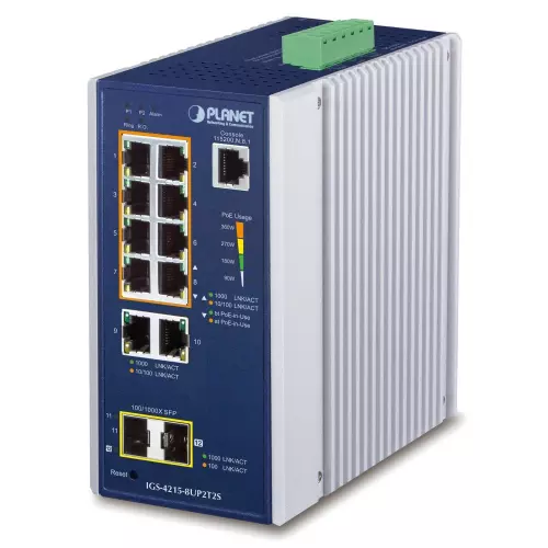 obrázek produktu Planet IGS-4215-8UP2T2S průmyslový L2 switch, 8x1Gb, 2x1Gb SFP, 8x PoE 802.3bt 360W, 48-54VDC, -40~75°C, IP30