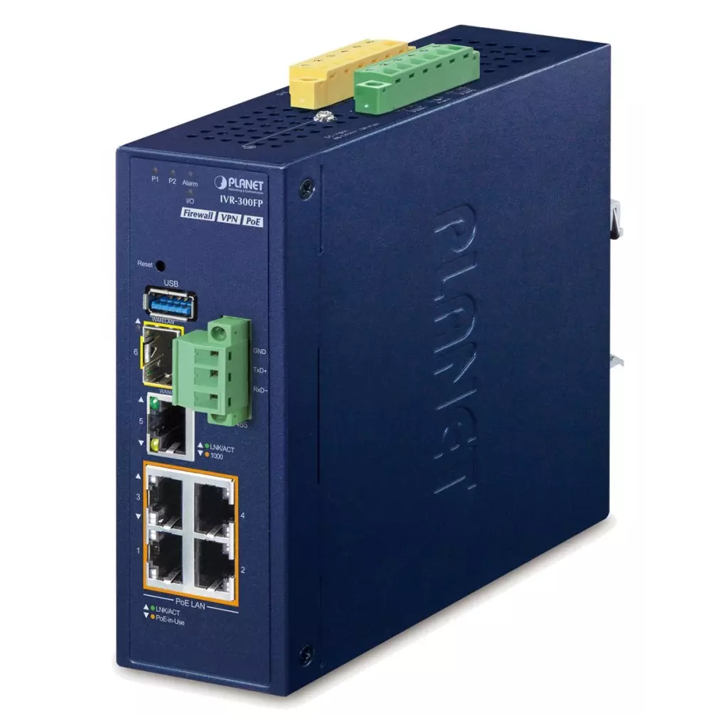 Obrázek produktu Planet IVR-300FP Enterprise router/FW VPN/VLAN/QoS/HA/AP kontr, 2xWAN(SD-WAN), 3xLAN,1xSFP,4xPoE, IP30,-40/75st,48-54VDC