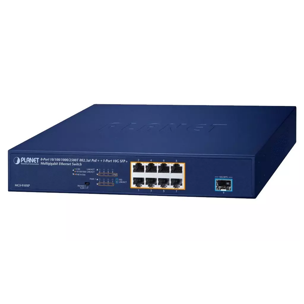 Obrázek produktu Planet PoE switch 8x1Gb/2.5Gb + 1xSFP+ 10Gb, VLAN, PoE 802.3at 120W