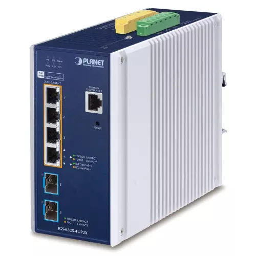 obrázek produktu Planet IGS-6325-4UP2X průmyslový L3 switch, 4x2.5Gb, 2x10Gb SFP+, PoE 802.3bt 360W, 48-54VDC, -40~75°C, IP30, fanless
