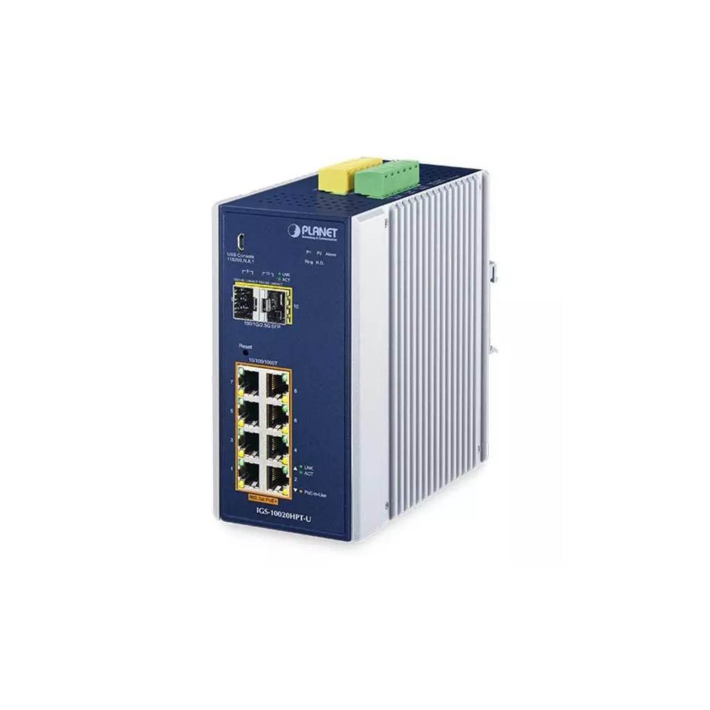 Obrázek produktu Planet IGS-10020HPT-U průmyslový L2 switch, 8x1Gb, 2x2.5Gb SFP, 8x PoE 802.3at 240W, 12-54VDC, -40~75°C, 1x USB, IP30