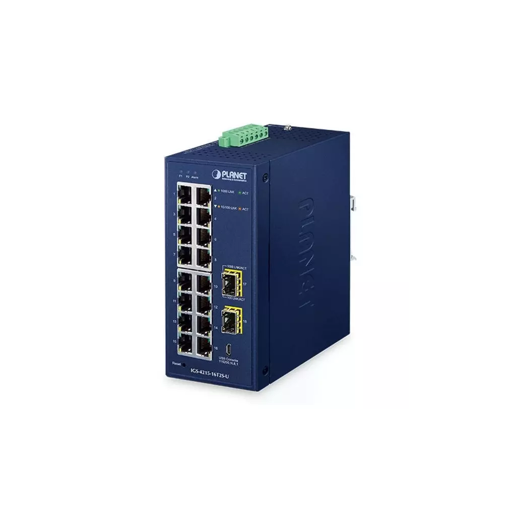 Obrázek produktu Planet IGS-4215-16T2S-U průmyslový L2 switch, 16x1Gb, 2x1Gb SFP, dual 9-48VDC, -40~75°C, 1x Micro-USB female port, IP30