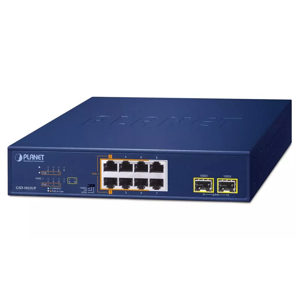 Obrázek produktu Planet PoE switch 8x1Gb + 2xSFP 1Gb, PoE 180W, 2x 802.3bt + 4x 802.3at