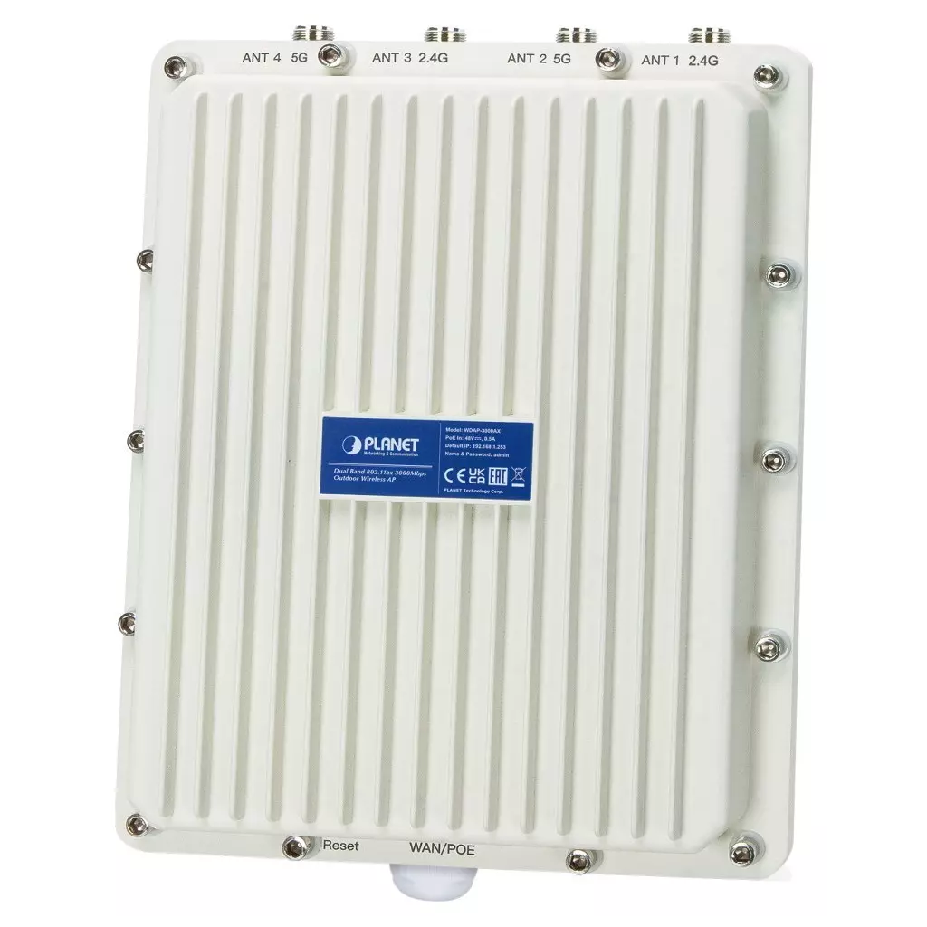 Obrázek produktu Planet WDAP-3000AX venkovní AP, 1x1Gb, Dual Band 802.11ax (3Gb/s), 4x N, PoE+ 802.3at, VLAN, 256 klientů, -40~70°C, IP67