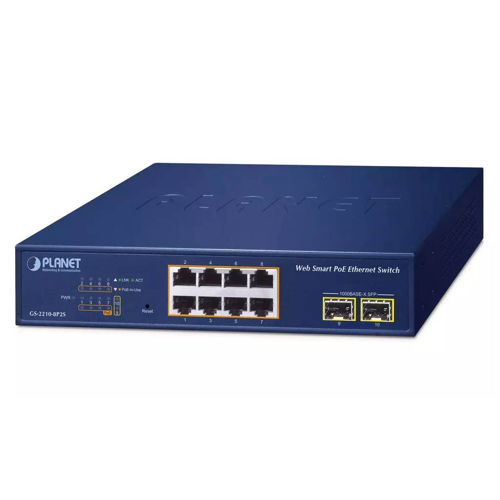 Obrázek produktu Planet GS-2210-8P2S WEBsmart L2 switch, 8x1Gb, 2x1Gb SFP, 8x PoE 802.3at 120W, QoS