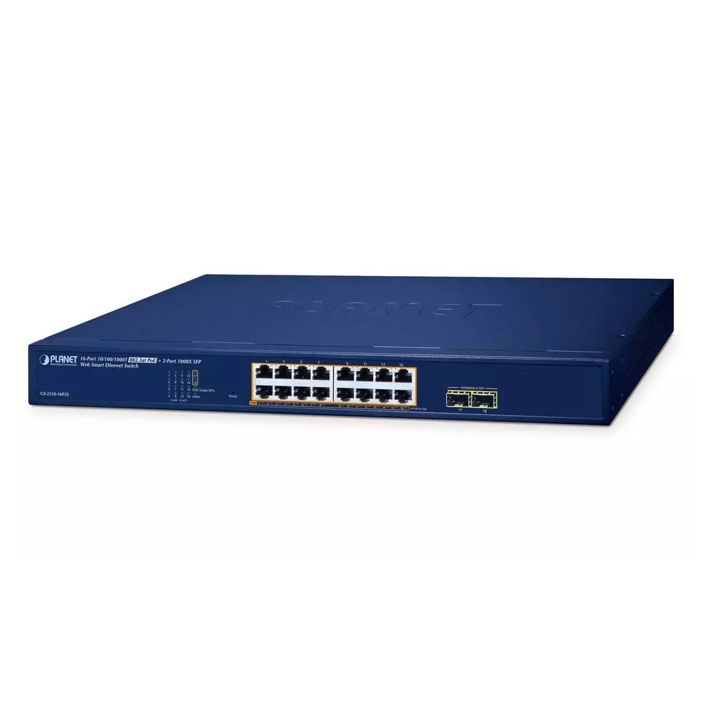 Obrázek produktu Planet GS-2210-16P2S WEBsmart L2 switch, 16x1Gb, 2x1Gb SFP, 16x PoE 802.3at 240W, QoS
