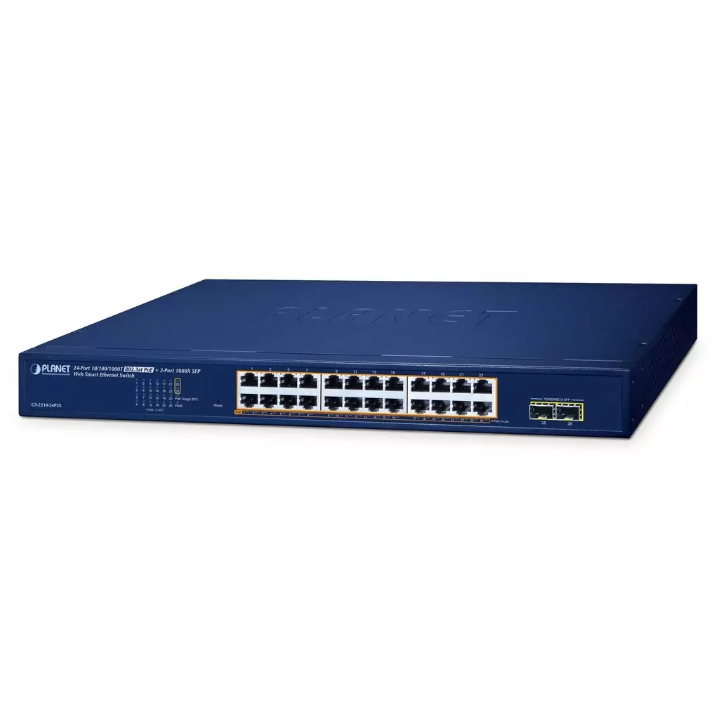 Obrázek produktu Planet GS-2210-24P2S WEBsmart L2 switch, 24x1Gb, 2x1Gb SFP, 24x PoE 802.3at 260W, QoS