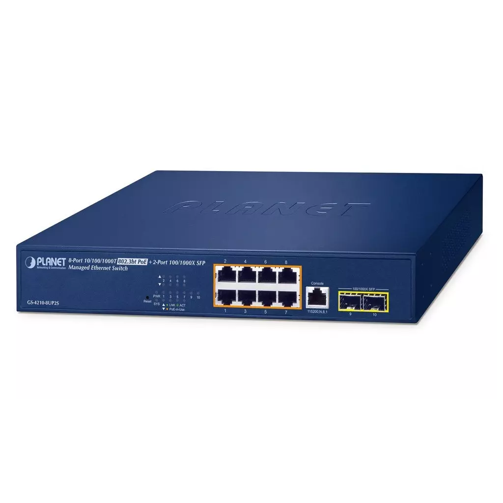 Obrázek produktu Planet GS-4210-8UP2S L2/L4 switch, 8x1Gb, 2x1Gb SFP, 8x PoE 802.3bt 180W, 0~50°C , QoS