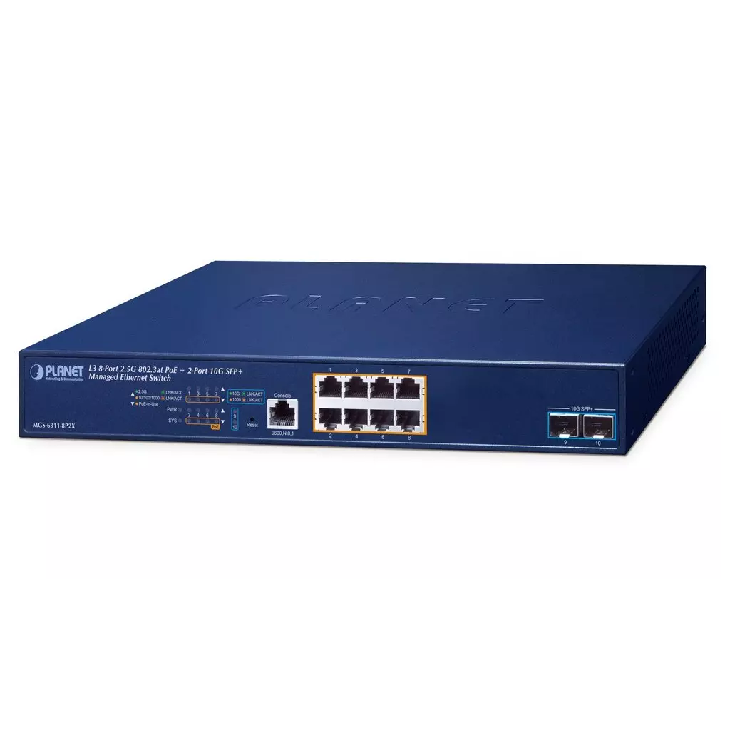 Obrázek produktu Planet MGS-6311-8P2X L3 switch, 8x2.5Gb, 2x10Gb SFP+, 8x PoE 802.3at 150W, 0~50°C , QoS