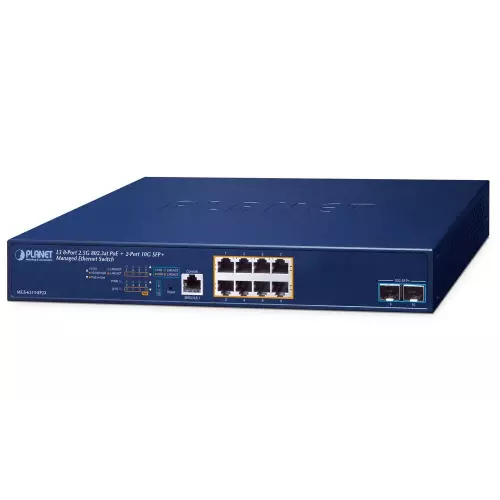 obrázek produktu Planet MGS-6311-8P2X L3 switch, 8x2.5Gb, 2x10Gb SFP+, 8x PoE 802.3at 150W, 0~50°C , QoS