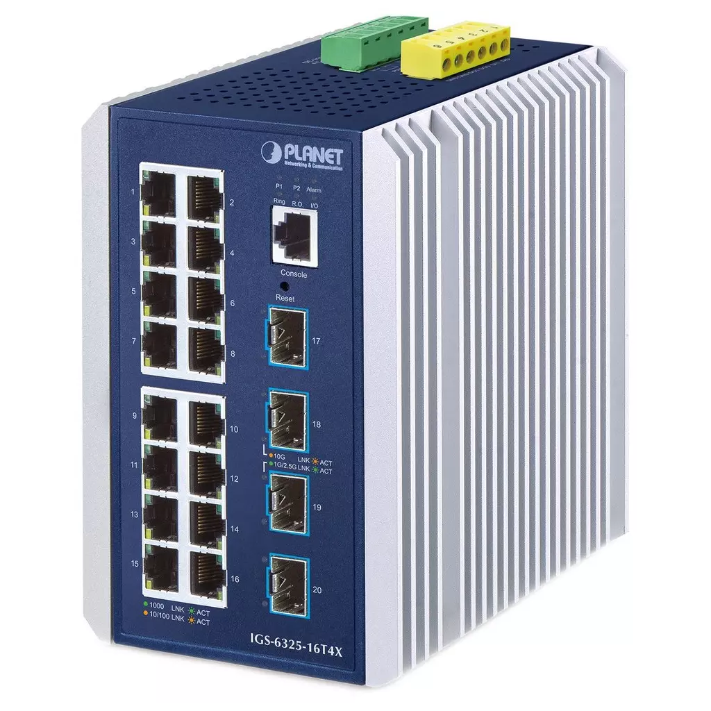 Obrázek produktu Planet IGS-6325-16T4X průmyslový L3 switch, 16x1Gb, 4x10Gb SFP+, -40~75°C, dual 9-48VDC, IP30, fanless