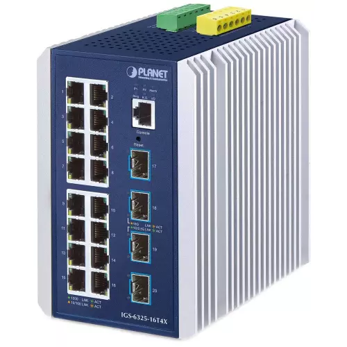 obrázek produktu Planet IGS-6325-16T4X průmyslový L3 switch, 16x1Gb, 4x10Gb SFP+, -40~75°C, dual 9-48VDC, IP30, fanless