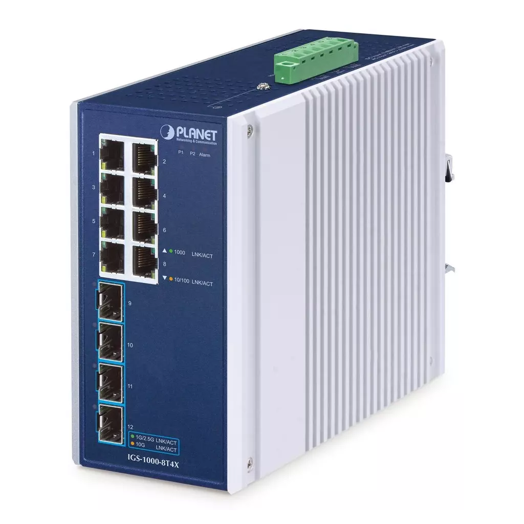 Obrázek produktu Planet IGS-1000-8T4X průmyslový L2 switch, 8x1Gb, 4x10Gb SFP+, -40~75°C, 9-48VDC, IP30, fanless