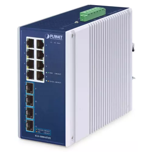 obrázek produktu Planet IGS-1000-8T4X průmyslový L2 switch, 8x1Gb, 4x10Gb SFP+, -40~75°C, 9-48VDC, IP30, fanless
