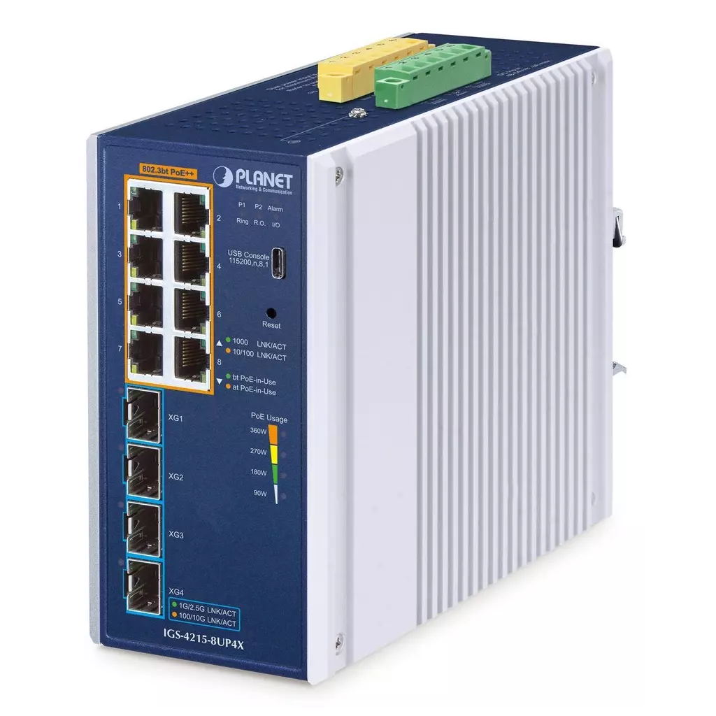 Obrázek produktu Planet IGS-4215-8UP4X průmyslový L2 switch, 8x1Gb, 4x10Gb SFP+,8x PoE 802.3bt 240W, -40~75°C, dual 48-54VDC,IP30,fanless