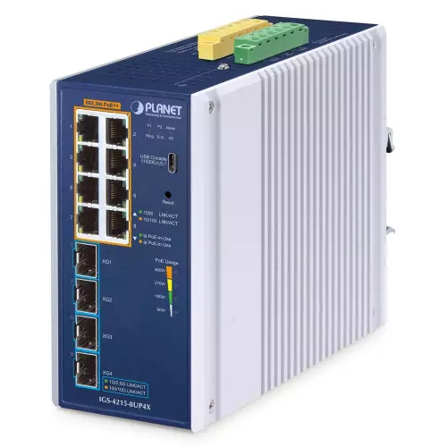 obrázek produktu Planet IGS-4215-8UP4X průmyslový L2 switch, 8x1Gb, 4x10Gb SFP+,8x PoE 802.3bt 240W, -40~75°C, dual 48-54VDC,IP30,fanless