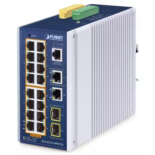 obrázek produktu Planet IGS-4215-16P2T2S průmyslový L2 switch, 18x 1Gb, 2x1Gb SFP, 16x PoE 802.3at 320W, 48~54VDC, IP30