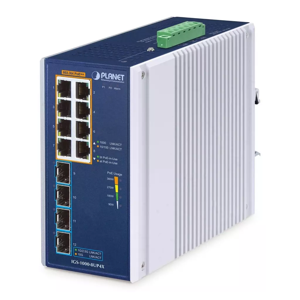 Obrázek produktu Planet IGS-1000-8UP4X průmyslový L2 switch, 8x1Gb, 4x10Gb SFP+,8x PoE 802.3bt 240W, -40~75°C, dual 48-54VDC,IP30,fanless