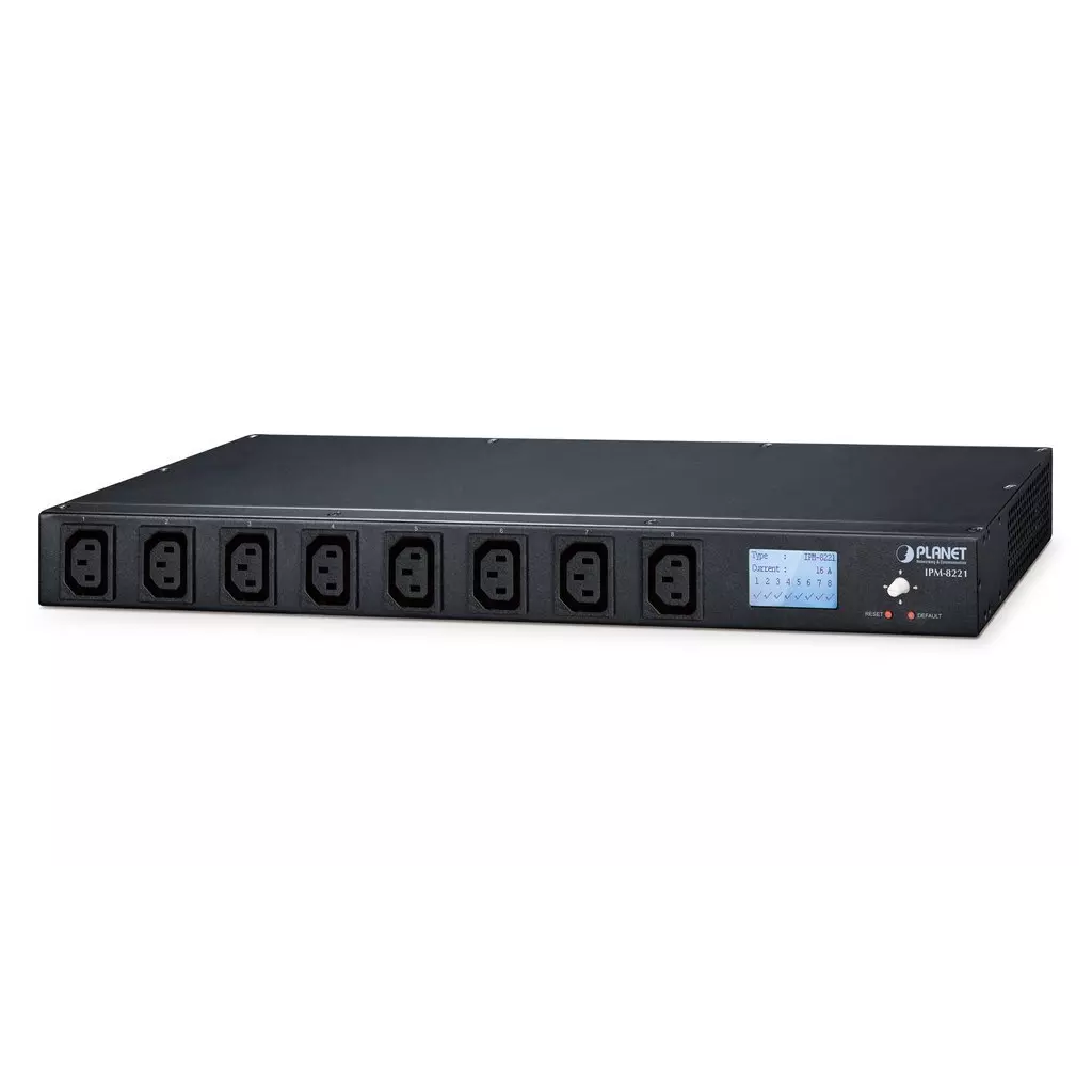 Obrázek produktu Planet IPM-8221, IP ovládání 8x zásuvek 240V/10A, 1U Rack/desktop, LED+displej, port pro senzor