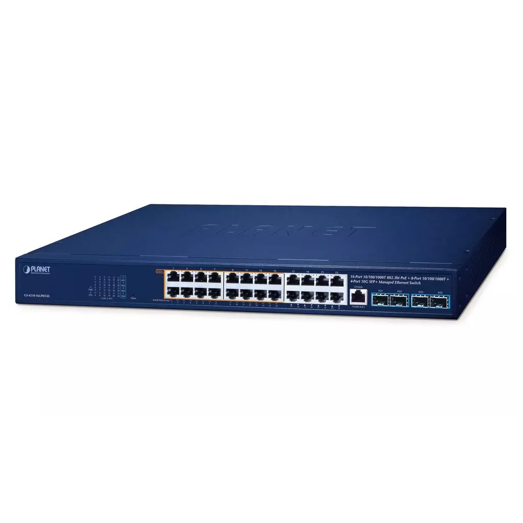 Obrázek produktu Planet GS-4210-16UP8T4X L2/L4 switch, 24x1Gb, 4x10Gb SFP+, 16x PoE++ 802.3bt + 8x PoE 420W, NMS, QoS