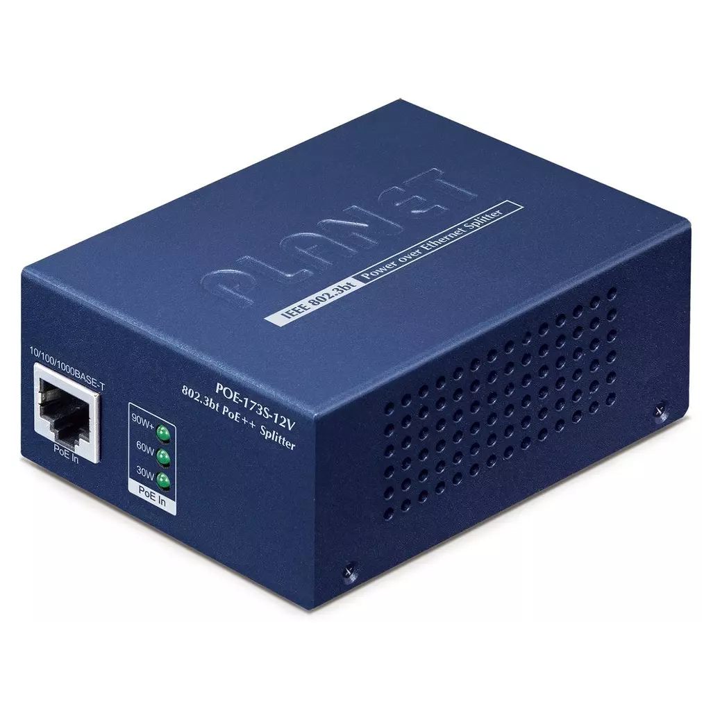 Obrázek produktu Planet POE-173S-12V, PoE++ splitter, IEEE802.3bt, výstup 12V DC, DIN, 0~50°C