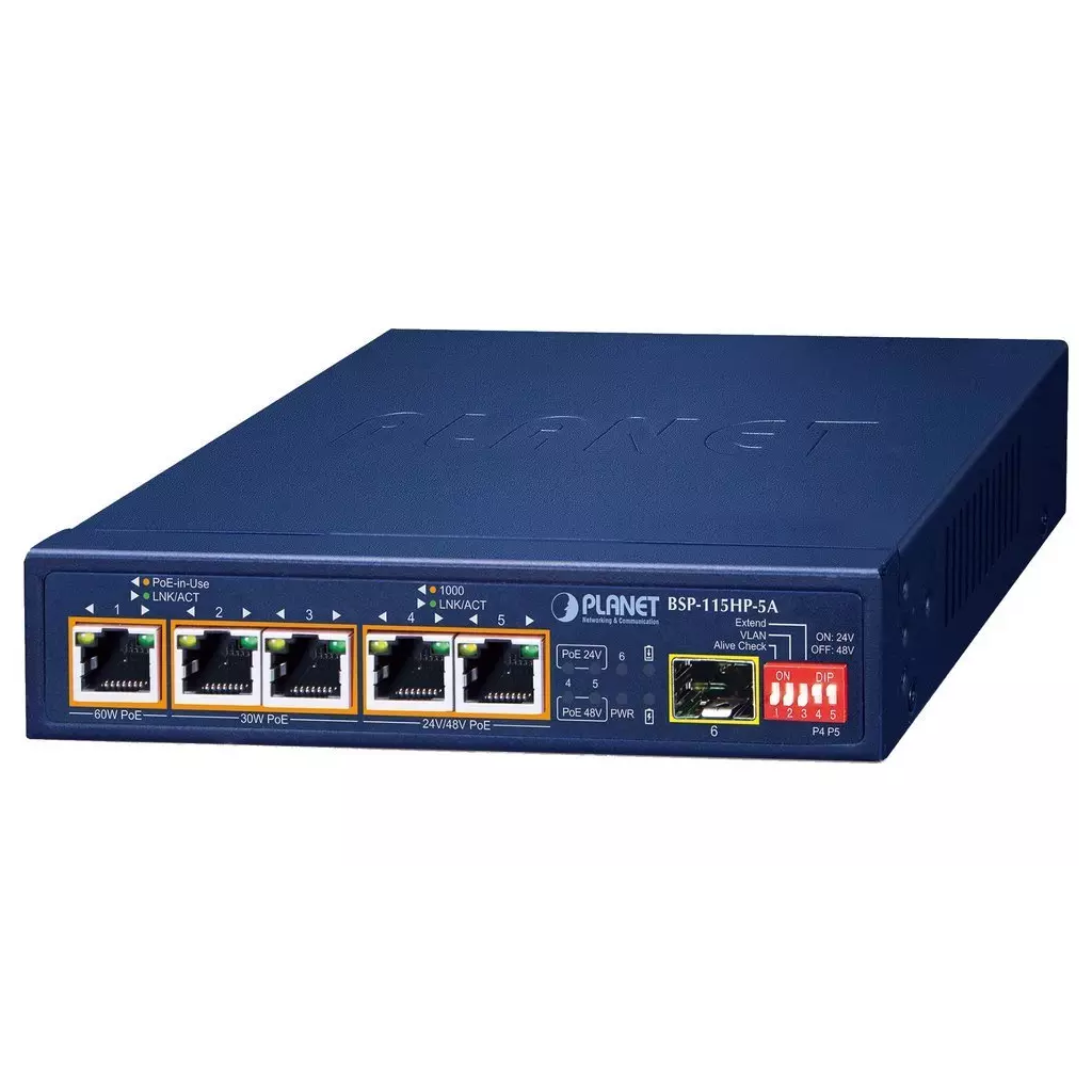 Obrázek produktu Planet BSP-115HP-5A Hybridní PoE solární switch, 5x 1Gb, 1x SFP, 1x PoE++ 802.3bt, 2x 802.3at, 2x at/pasivní, -20~65°C