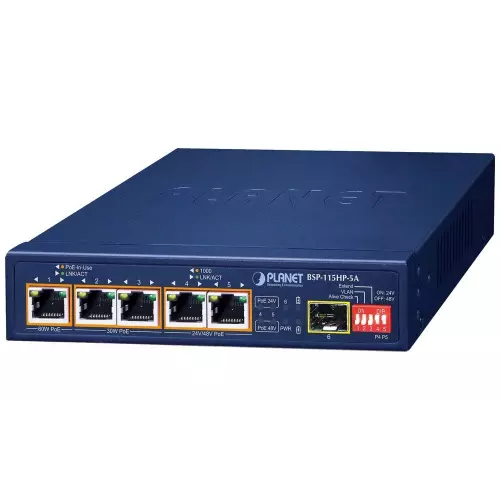obrázek produktu Planet BSP-115HP-5A Hybridní PoE solární switch, 5x 1Gb, 1x SFP, 1x PoE++ 802.3bt, 2x 802.3at, 2x at/pasivní, -20~65°C