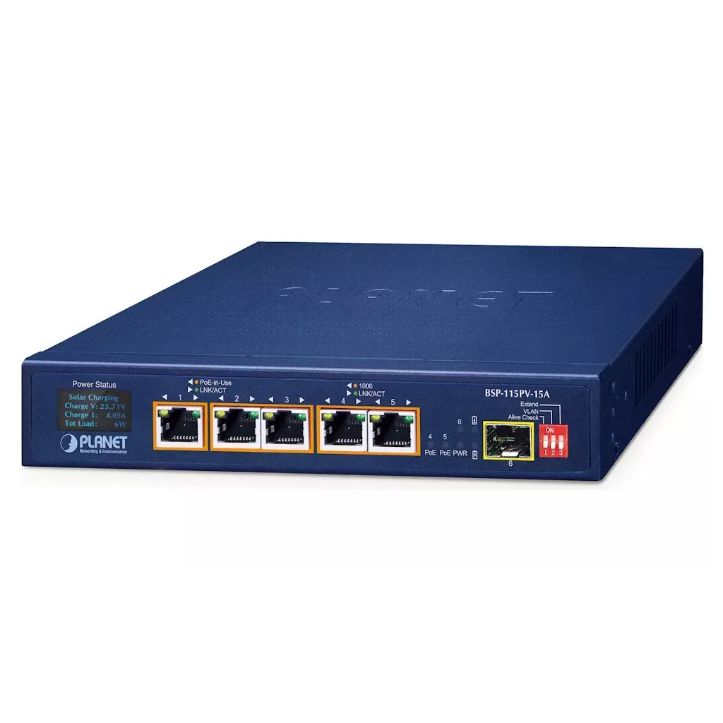 Obrázek produktu Planet BSP-115PV-15A  solární PoE+ switch, 5x1Gb, 1x1Gb SFP, 5x PoE+ 802.3at, -20~65°C , IP30, LCD displej