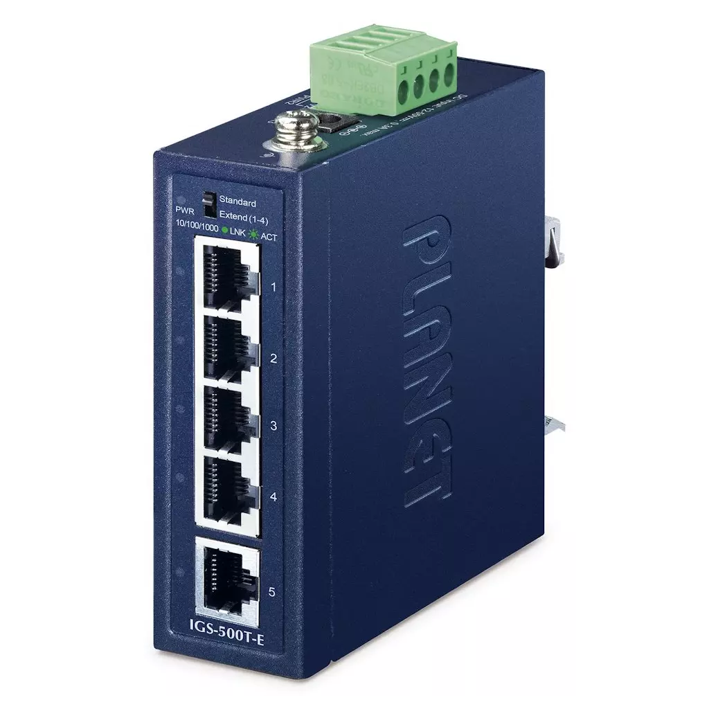 Obrázek produktu Planet IGS-500T-E, 5x 1000Base-T, DIN, IP40, rozšířený teplotní rozsah -40 až +75C, ESD+EFT do 6kV, dual 12~55VDC, 250m