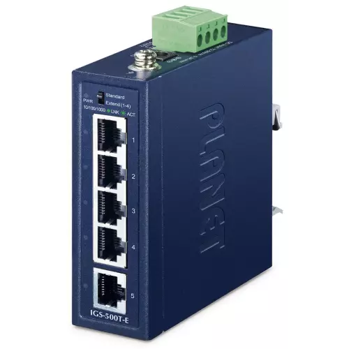 obrázek produktu Planet IGS-500T-E, 5x 1000Base-T, DIN, IP40, rozšířený teplotní rozsah -40 až +75C, ESD+EFT do 6kV, dual 12~55VDC, 250m