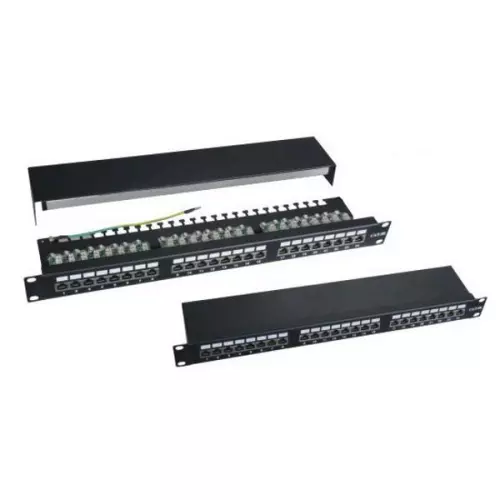 obrázek produktu XtendLan Patch panel 19", 24 portů, stíněný, Cat6, vyvazovací úchyty, černý