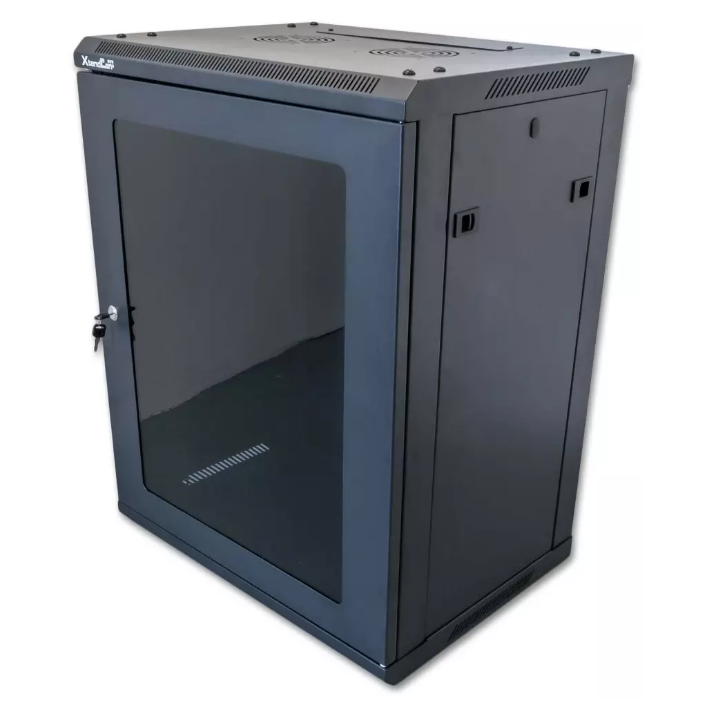 Obrázek produktu XtendLan 15U/600x450, na zeď, jednodílný, rozložený, skleněné dveře, černý