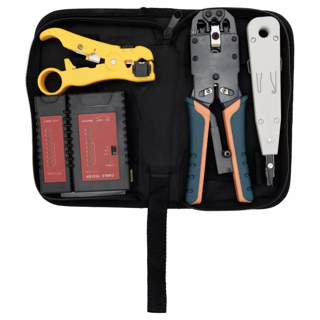 Obrázek produktu XtendLan Kit LAN - Profi krimp kleště RJ-45-12-11-10, ořezávač/odizolovávač, narážeč, tester