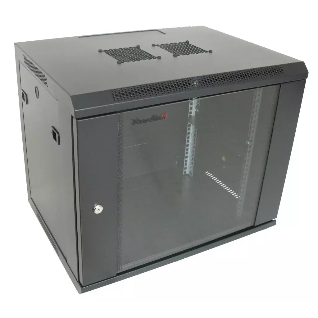 Obrázek produktu XtendLan 9U/600x450, na zeď, jednodílný, skleněné dveře, černý