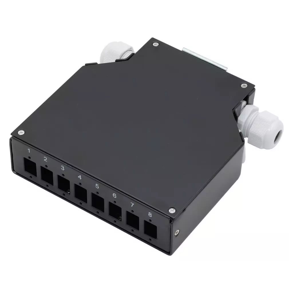 Obrázek produktu XtendLan mini rozvadeč na DIN lištu, 8x SC Simplex, 4 vstupní otvory, krytka, černý