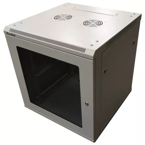obrázek produktu XtendLan 12U/600x600, na zeď, jednodílný, rozložený, skleněné dveře, šedý