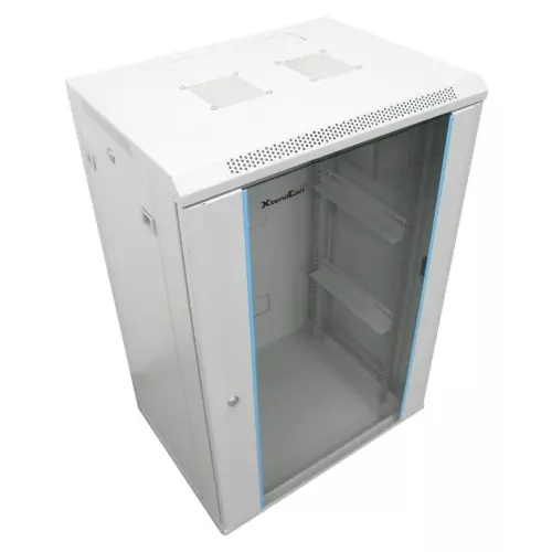 obrázek produktu XtendLan 22U/600x600, na zeď, jednodílný, rozložený, skleněné dveře, šedý