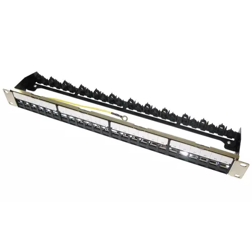 obrázek produktu XtendLan Patch panel 19", 24 portů, neosazený, stíněný, černý, Cat5e/6/6A/7, vyvazovák-akce 10+1