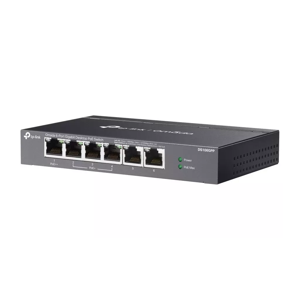 Obrázek produktu TP-Link DS106GPP, Omada switch, 1x Gigabit PoE++, 3x Gigabit PoE+, 2x GLAN, 64W PoE budget, Extend mod