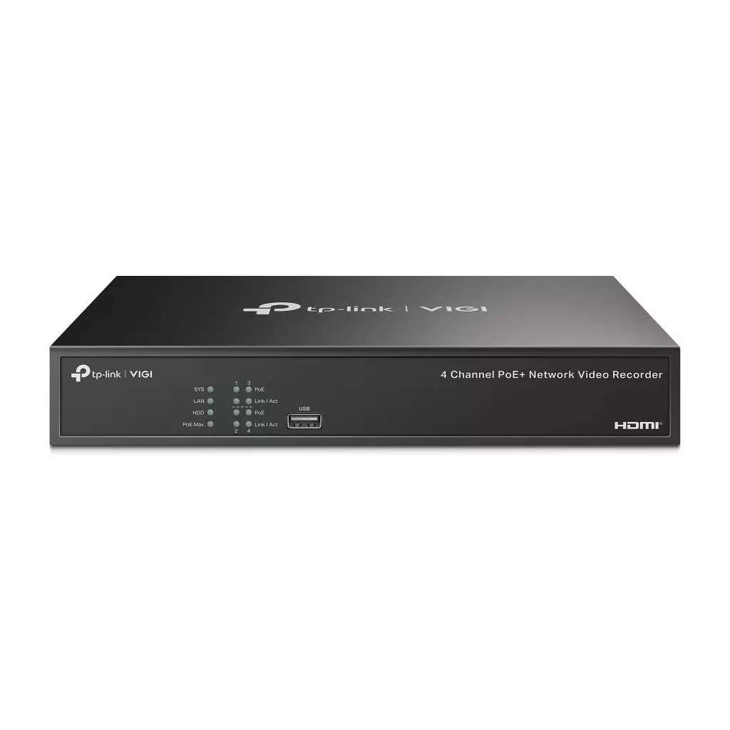 Obrázek produktu TP-Link VIGI NVR1004H-4P, 4 kanály, 80Mbps, H.265+, 1x SATA, max. 10 TB, 4x PoE+, 2x USB, VGA, HDMI