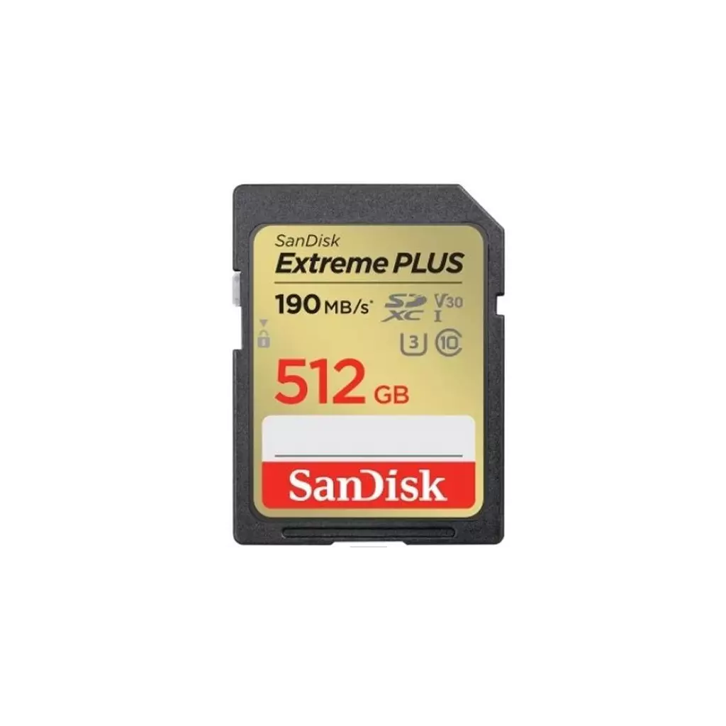 Obrázek produktu Paměťová karta Sandisk Extreme PLUS 512 GB SDXC 190 MB/s & 130 MB/s, UHS-I, Class 10, U3, V30