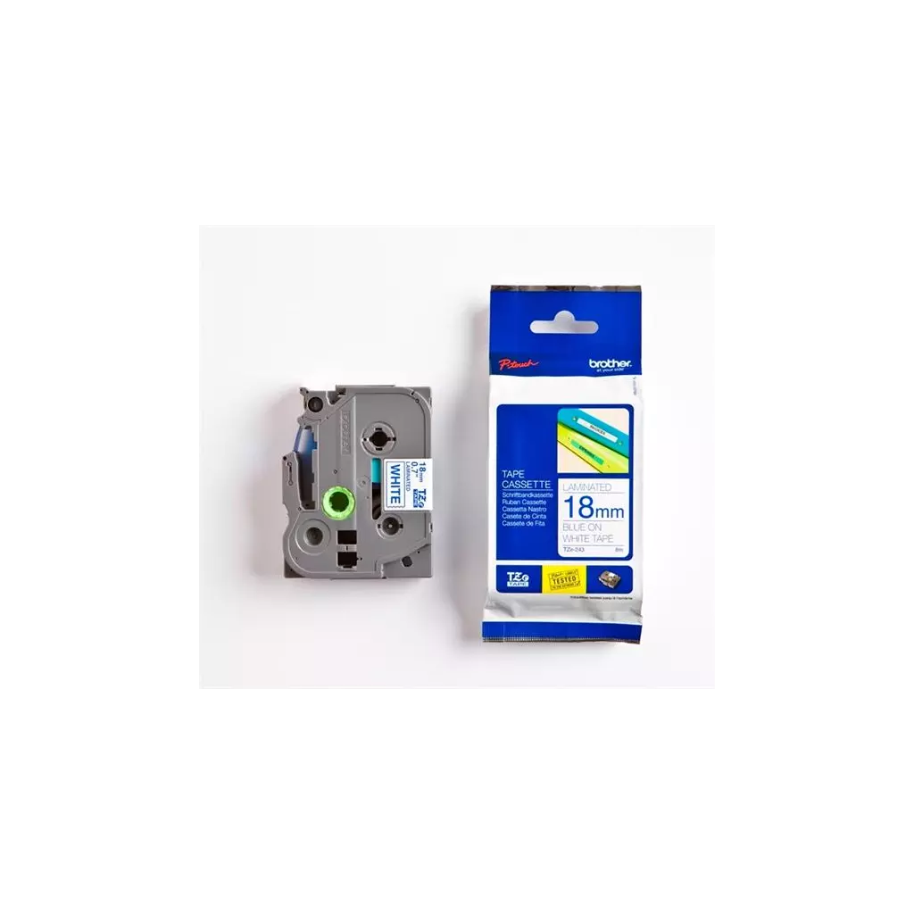 Obrázek produktu Páska Brother TZE-243, 18mm, bílá/modrá, laminovaná, délka 8m
