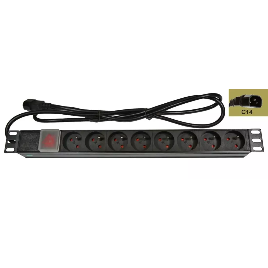 Obrázek produktu Rozvodný panel 8x230V-IEC320 C14, ČSN,vypínač s kontrolkou, rack 19'' 1U, kabel 1,8m