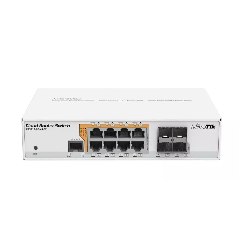 Obrázek produktu Switch Mikrotik CRS112-8P-4S-IN with QCA8511 128MB, 8xGLAN w PoE-out, 4xSFP, ROS L5, desktop case, PSU