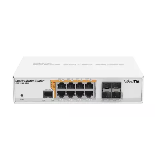 obrázek produktu Switch Mikrotik CRS112-8P-4S-IN with QCA8511 128MB, 8xGLAN w PoE-out, 4xSFP, ROS L5, desktop case, PSU