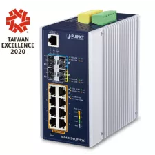 obrázek produktu PLANET TECHNOLOGY Switch, L3,průmyslový, 8x 1Gb PoE, 2x 1Gb SFP, 802.3bt 90/360W, -40 až 75°C, dual 48-56VD