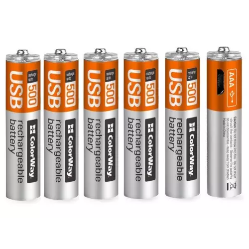 obrázek produktu ColorWay nabíjecí baterie AAA 400mAh/ micro USB/ 1.5V/ 6ks v balení