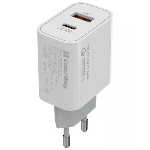 obrázek produktu ColorWay CW-CHS037PD-WT, 1x USB a 1x USB-C, 30W, bílá - bílá