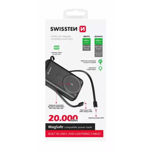 obrázek produktu SWISSTEN powerbank 20000 mAh PD 22,5W s integrovanými kabely USB-C A LIGHTNING (kompatibilní s MagSafe) - černá
