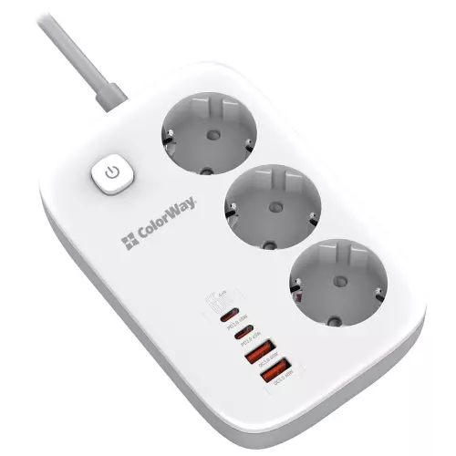 obrázek produktu ColorWay Prodlužovací napájecí přívod/ 3x Schuko/ 2x USB-A 60W/ 2x USB-C 65W/ kabel 2m